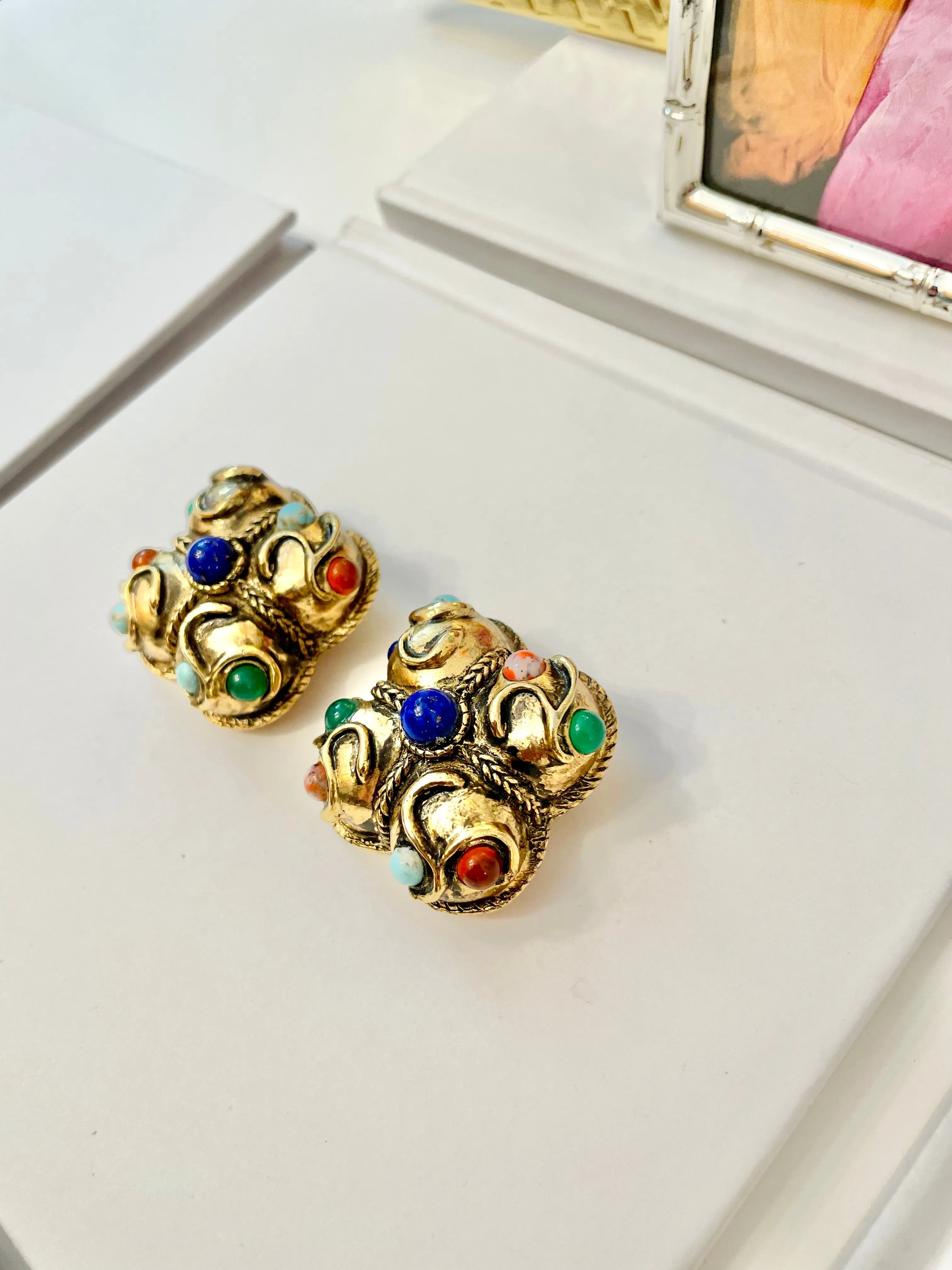 The Socialite and her love for the finest gems! These delightful gold and colorful gem earrings are extraordinary!!