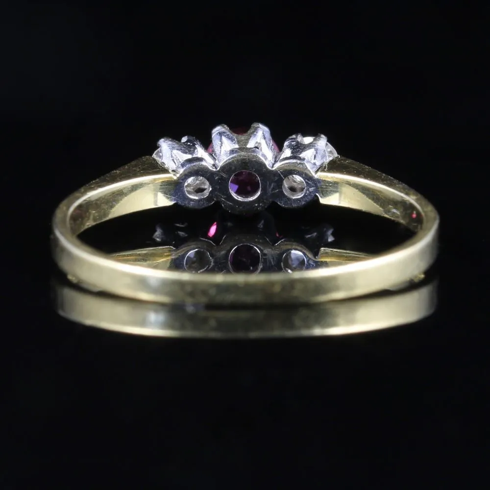 Vintage Ruby Diamond Trilogy Ring 18Ct Gold Dated 1986