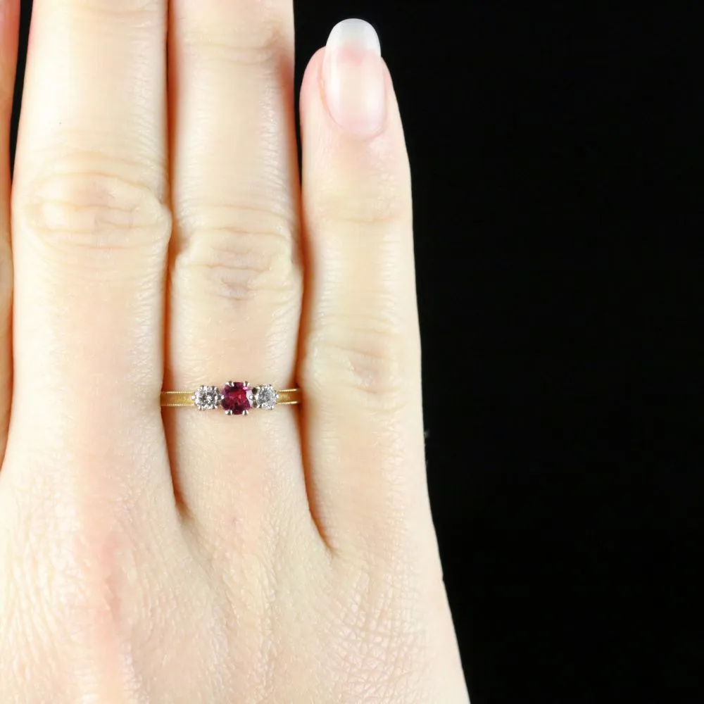 Vintage Ruby Diamond Trilogy Ring 18Ct Gold Dated 1986