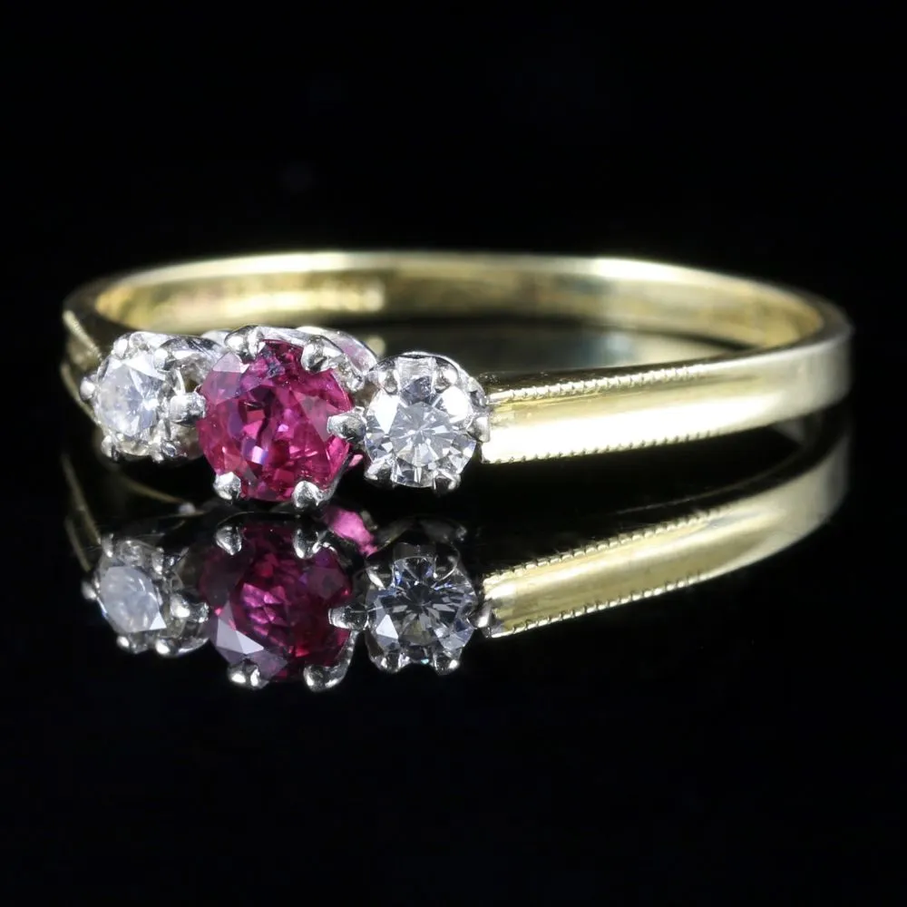 Vintage Ruby Diamond Trilogy Ring 18Ct Gold Dated 1986