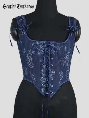 Women Vintage Denim Blue Printed Lace-Up Corset