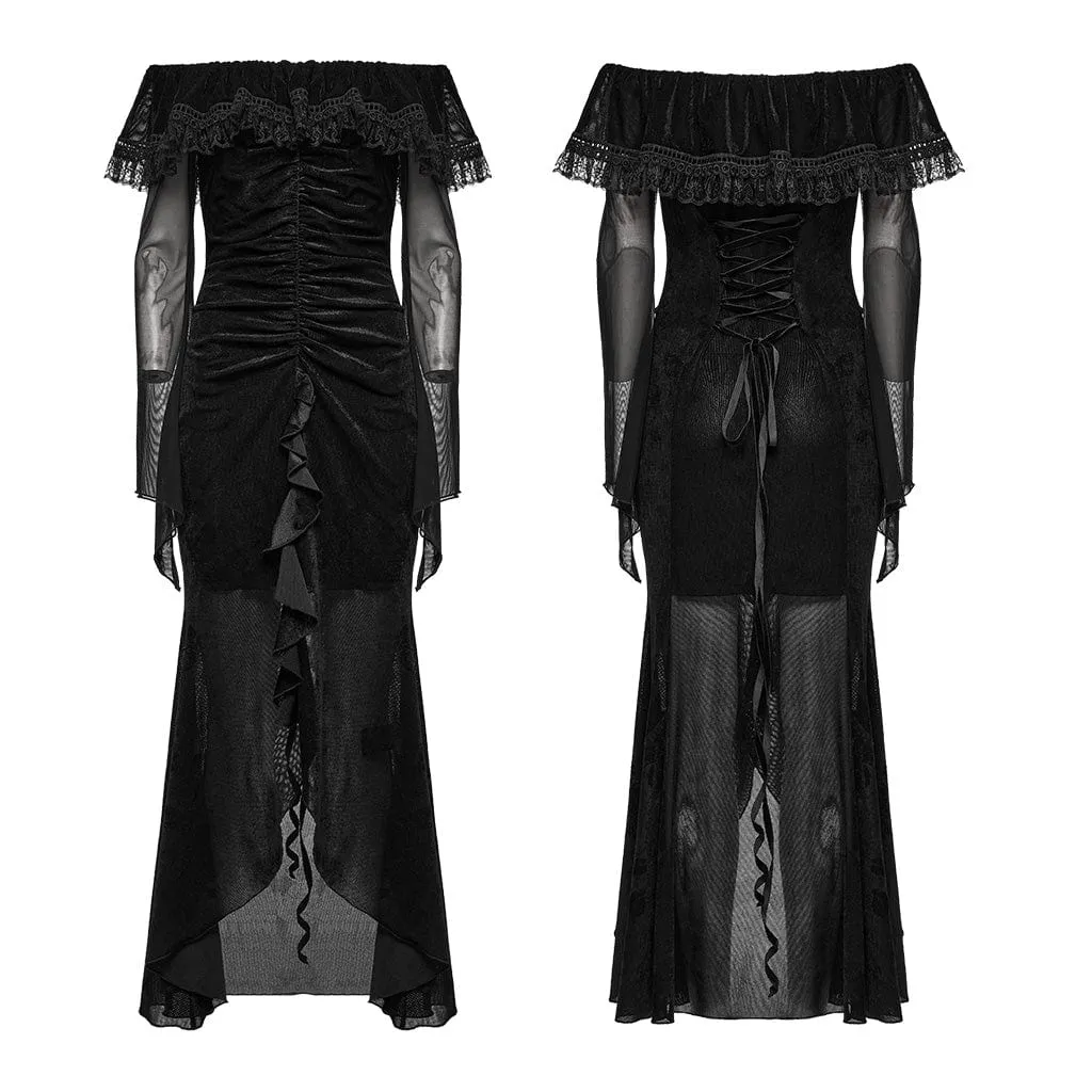 Women's Gothic Off-the-shoulder Ruffled Mesh Prom Dress